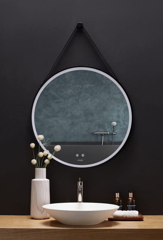 Modern SANGLE Round LED Vanity Mirror with Defogger & Vegan Leather Strap