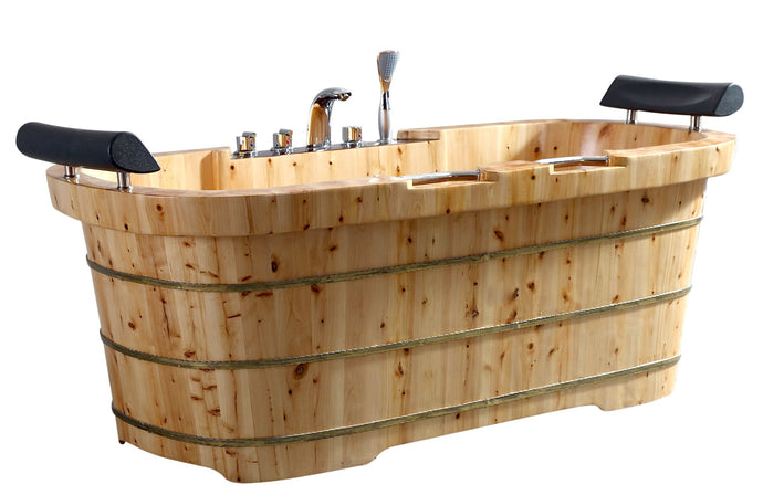 2 Person Free Standing Cedar Wooden Spa Bathtub with Fixtures & Headrests