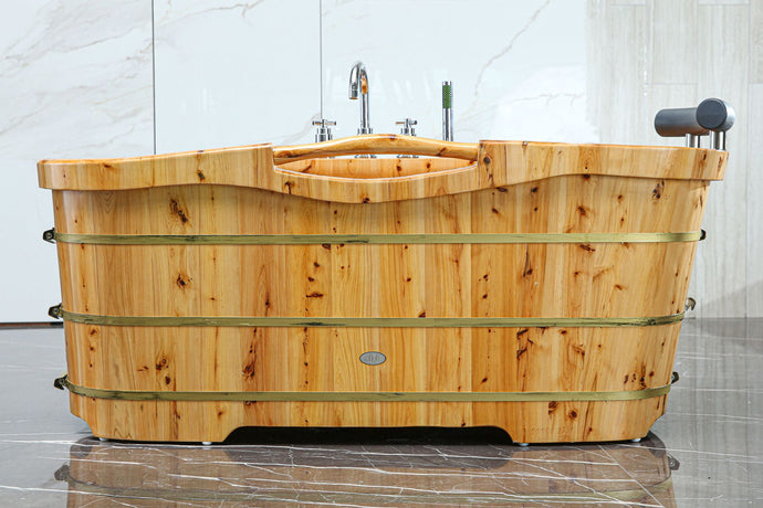 Modern Free Standing Cedar Wooden Spa Bathtub with Tub Filler Fixtures & Headrest