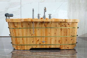 Modern Free Standing Cedar Wooden Spa Bathtub with Tub Filler Fixtures & Headrest
